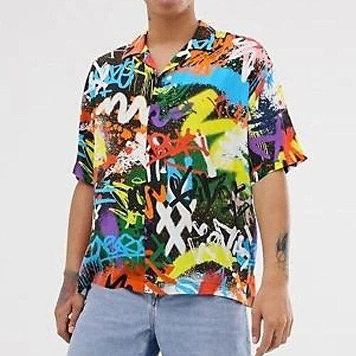 

Men's Shirt Graphic Prints Graffiti Stand Collar Black White Outdoor Casual Short Sleeve Button-Down Print Clothing Apparel Fashion Designer Casual Comfortable