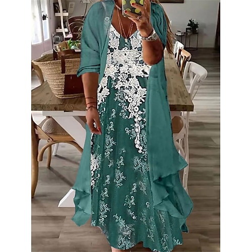 

Dame Plusstørrelser Hverdagskjole Kjole sæt To-delt kjole Blomstret Lang kjole Maxikjole 3/4-ærmer Trykt mønster V-hals Mode Daglig Lyserød Blå Forår Sommer L XL XXL 3XL