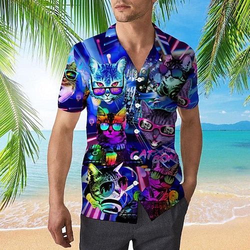 

Men's Shirt Summer Hawaiian Shirt Cat Graphic Prints Turndown Purple Casual Holiday Short Sleeve Button-Down Print Clothing Apparel Fashion Exaggerated Cool Hawaiian