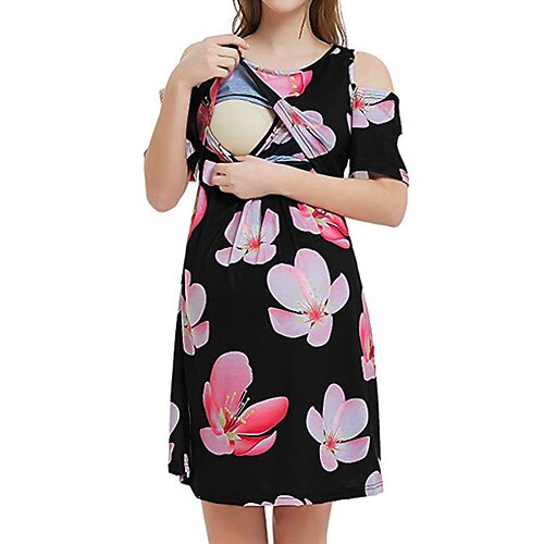 

kvinders barselsplejekjole afslappet kjole t-shirt kjole t-shirt blomstret midikjole kortærmet print rund hals sort hvid pink forår sommer s m l xl xxl