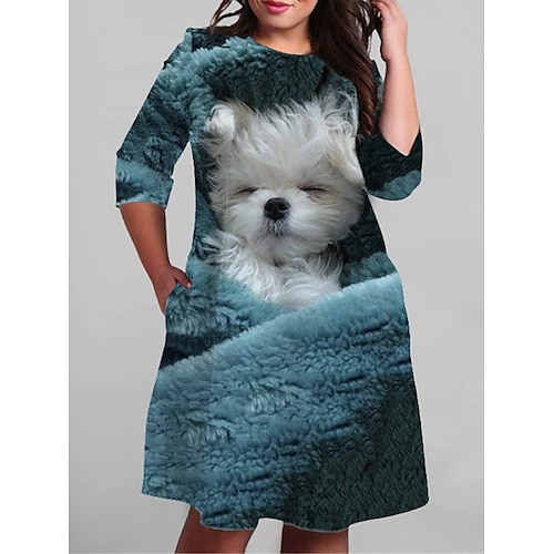 

kvinders plus size afslappet sweaterkjole a line sweaterkjole dyr hund midi sweaterkjole 3/4 længde ærmer lommeprint rund hals mode dagligt blå efterår forår xl xxl 3xl 4xl 5xl
