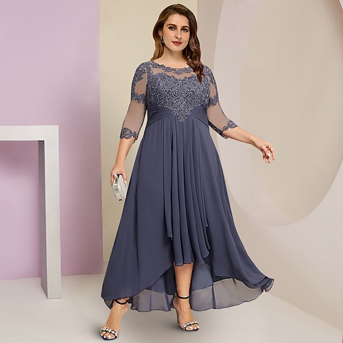 

A tubino Abito da cerimonia per signora Invitati del matrimonio Elegante Orlo asimmetrico Con decorazione gioiello Asimmetrico Chiffon Di pizzo Manica a 3/4 con A pieghe Tinta unita 2023