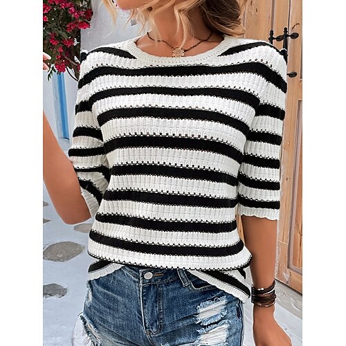 

Mujer Suéter de punto Puente Estriado Tejer Trenzado A Rayas Cuello Barco Elegante Casual Diario Festivos Otoño Primavera Blanco / Negro S M L