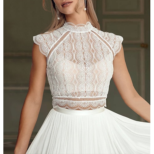 

Spiaggia / Destinazione Boho Abiti da sposa Separa Separa Fibbie Collo alto Di pizzo Top da sposa Con Tinta unita 2023 Abiti da sposa