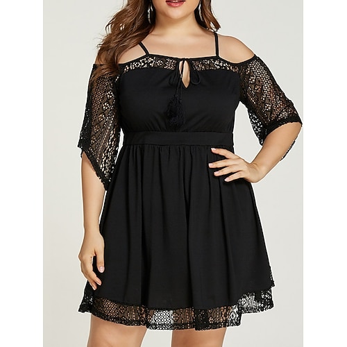 

dame plus size fritidskjole blondekjole ensfarget minikjole halvermet blonder med blonder off shoulder klassisk daglig svart vår høst xl xxl 3xl 4xl