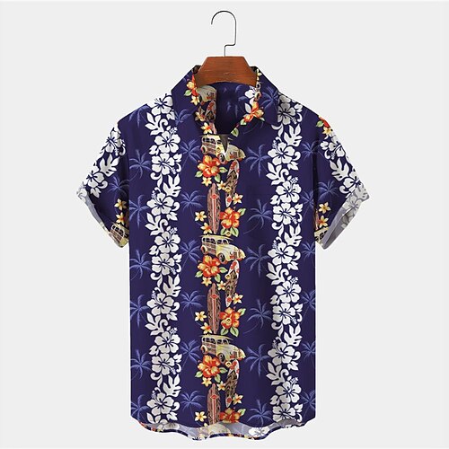 

Men's Shirt Summer Hawaiian Shirt Floral Graphic Prints Bus Turndown Navy Blue Outdoor Street Short Sleeves Button-Down Print Clothing Apparel Tropical Fashion Hawaiian Designer