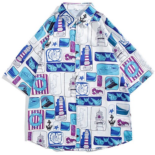 

Men's Shirt Summer Hawaiian Shirt Graphic Prints Travel Turndown Blue Street Casual Short Sleeves Button-Down Print Clothing Apparel Tropical Fashion Hawaiian Designer