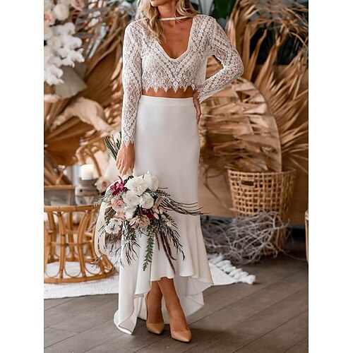 

Spiaggia / Destinazione Boho Abiti da sposa Asimmetrico Spezzato Manica lunga A V Chiffon Con Con applique Tinta unita 2023 Primavera estate Abiti da sposa