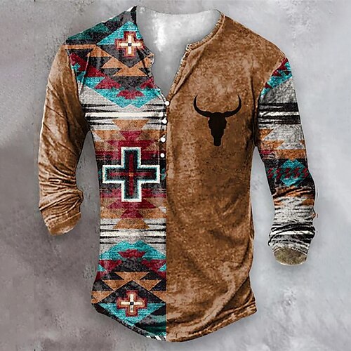 

Herre Henley-skjorte T-Shirts Grafisk Bohemisk Henley Tøj 3D-udskrivning udendørs Afslappet Langærmet Knap ned Trykt mønster Mode Designer Bekvem