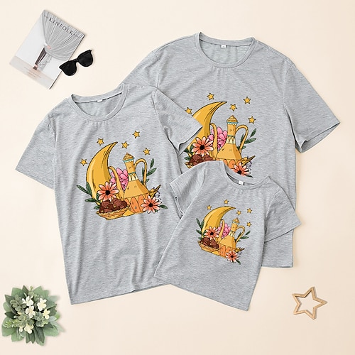 

Familie udseende Ramadan T-shirt Blomstret Stjerne MOON Afslappet Crewneck Lysegrå Kortærmet Daglig Matchende outfits