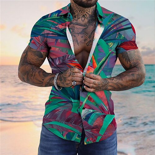 

Men's Shirt Summer Hawaiian Shirt Graphic Prints Leaves Turndown Red Blue Street Casual Short Sleeves Button-Down Print Clothing Apparel Tropical Fashion Hawaiian Designer