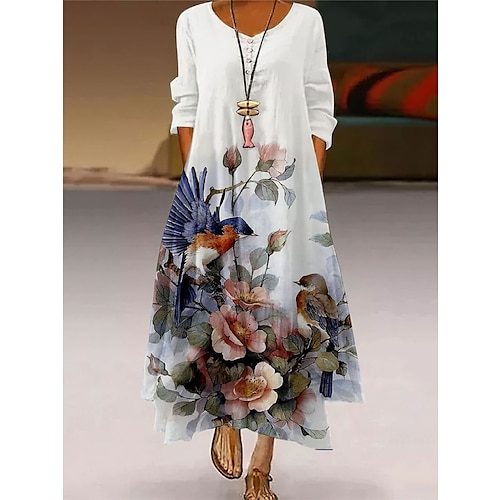 

Women's Long Dress Maxi Dress Casual Dress Shift Dress Print Dress Floral Fashion Casual Outdoor Daily Weekend Pocket Print 3/4 Length Sleeve V Neck Dress Loose Fit White Pink Royal Blue Fall Spring
