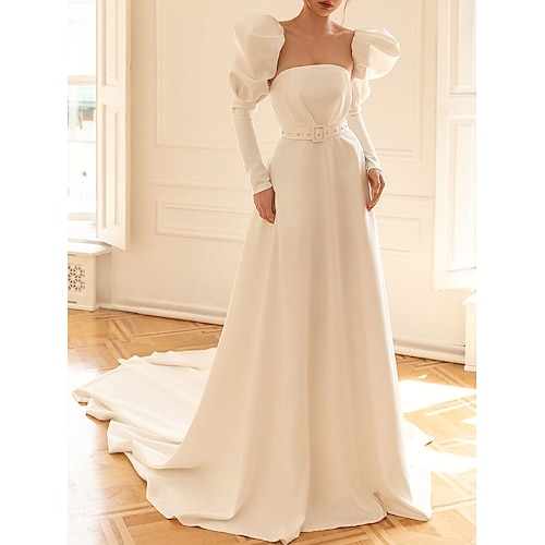 

Fidanzamento Da cerimonia Abiti da sposa Strascico da cattedrale Linea-A Manica lunga Senza bretelline Cotone Con Fascia / fiocco in vita 2023 Abiti da sposa