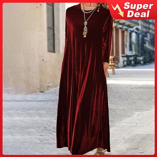 

Women's Velvet Dress Shift Dress Long Dress Maxi Dress Green Black Purple Long Sleeve Pure Color Pocket Winter Fall Spring Crew Neck Mature Winter Dress Daily Vacation 2023 M L XL 2XL 3XL 4XL