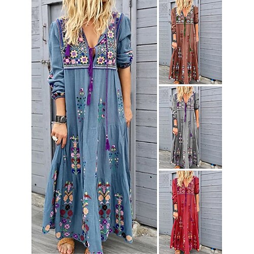 

Robe casual Robe Droite robe boheme Femme robe longue Fleur Bohème Casual Extérieur du quotidien Fin de semaine Imprimer manche longue Col V Robe Standard Rouge Marron Bleu ciel Automne Printemps S M