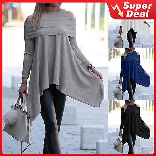 

Women's Sweater Dress Mini Dress Black White Blue Long Sleeve Pure Color Cold Shoulder Winter Fall Spring Boat Neck Modern Winter Dress Office Daily 2023 S M L XL XXL 3XL