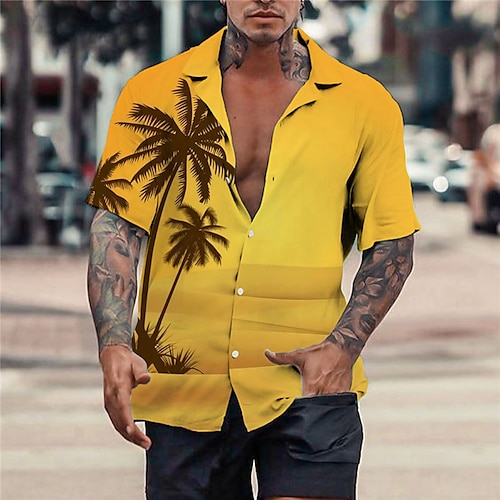 

Homens Camisa Social Camisa havaiana Coqueiro Estampas Abstratas Aberto para a Lateral Amarelo Azul Casual Feriado Manga Curta Botão para baixo Imprimir Roupa Tropical Moda Havaiana Macia