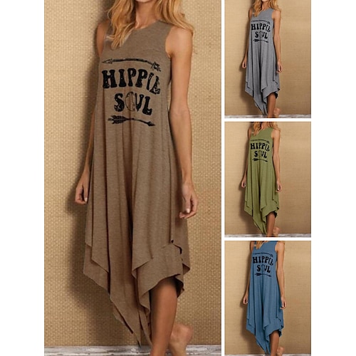 

Women's Casual Dress T Shirt Dress Tee Dress Midi Dress Blue Green Khaki Sleeveless Letter Print Summer Spring Crew Neck Basic 2023 S M L XL XXL 3XL 4XL 5XL