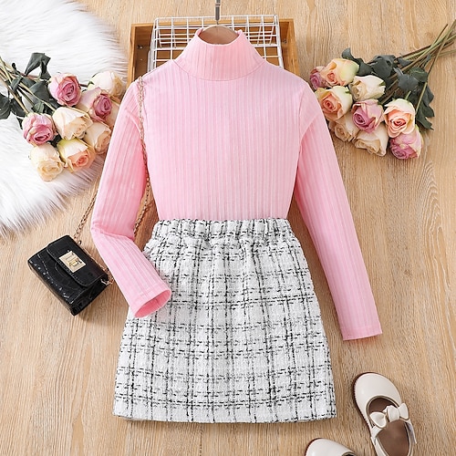 

2 stykker barn jenter ensfarget crewneck dress dress sett med lange ermer moteskole 7-13 år vårrød