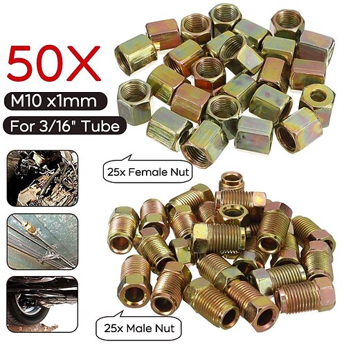 

50Pcs Brake Line Unions 3/8 Inch- 24 Threads Brake Line Fittings Assortment For 3/16 Inch Tube Accessories