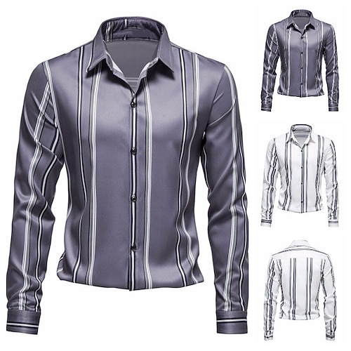 

Men's Shirt Striped Graphic Prints Turndown White Gray Outdoor Street Long Sleeve Button-Down Print Clothing Apparel Fashion Designer Casual Soft