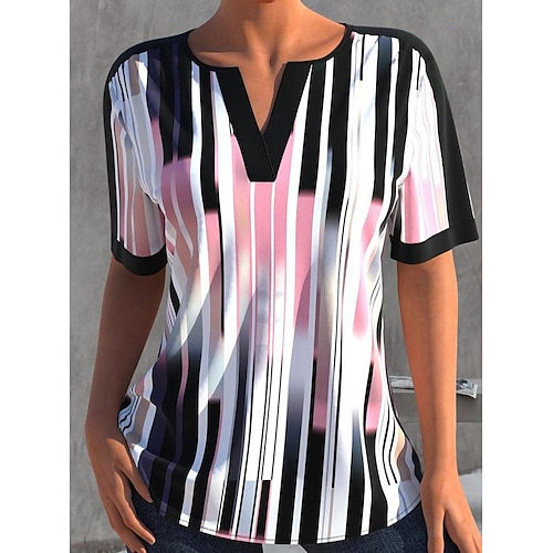 

Mujer Camiseta Rosa A Rayas Estampado Manga Corta Diario Fin de semana Básico Escote en Pico Regular Pintura S