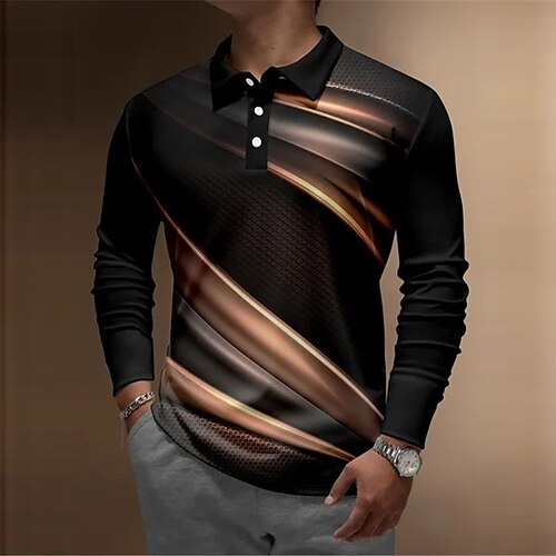 

Herre POLO T-skjorte Golf skjorte Grafiske trykk Lineær Aftæpning Gul Brun utendørs Gate Langermet Knapp ned Trykt mønster Klær Mote Gatemote Designer Myk