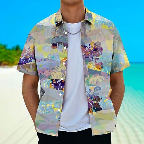 

Men's Shirt Summer Hawaiian Shirt Graphic Prints Leaves Turndown Yellow Gray Street Casual Short Sleeves Button-Down Print Clothing Apparel Tropical Fashion Hawaiian Designer