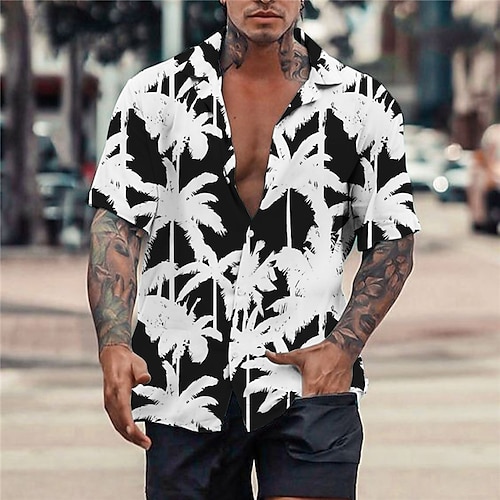 

Homens Camisa Social Camisa havaiana Coqueiro Estampas Abstratas Aberto para a Lateral Preto Azul Casual Feriado Manga Curta Botão para baixo Imprimir Roupa Tropical Moda Havaiana Macia