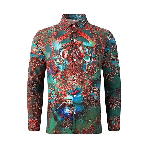 

Men's Shirt Animal Tiger Graphic Prints Turndown Yellow Red Royal Blue Blue Green Outdoor Street Long Sleeve Button-Down Print Clothing Apparel Fashion Designer Casual Soft