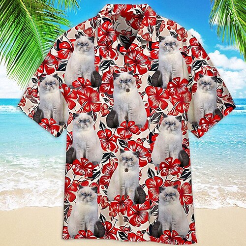 

Men's Shirt Summer Hawaiian Shirt Floral Cat Graphic Prints Turndown Red Casual Holiday Short Sleeve Button-Down Print Clothing Apparel Tropical Fashion Hawaiian Soft