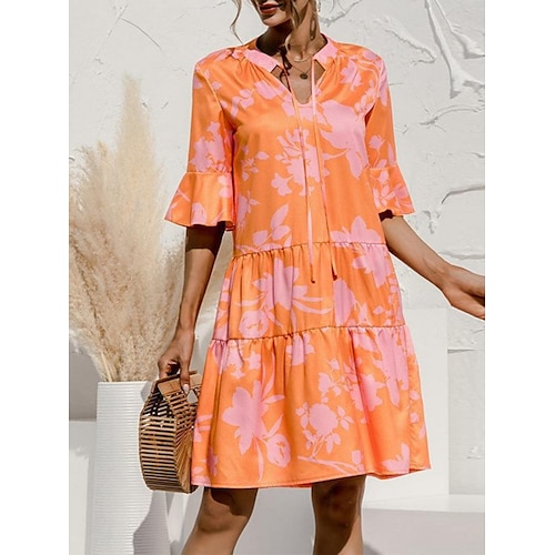 

Women's Casual Dress Shift Dress Tiered Dress Mini Dress Coral Black Red Long Sleeve Graphic Ruched Fall Spring Autumn V Neck Fashion Daily Fall Dress 2023 S M L XL 2XL 3XL