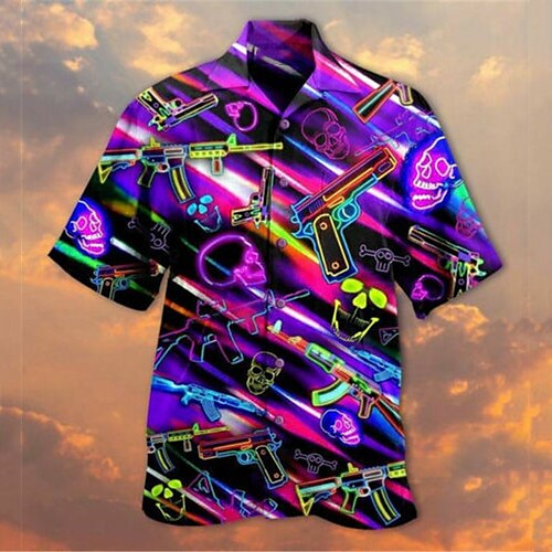 

Men's Shirt Summer Hawaiian Shirt Skull Graphic Prints Gun Turndown Purple Casual Holiday Short Sleeve Button-Down Print Clothing Apparel Tropical Fashion Hawaiian Soft