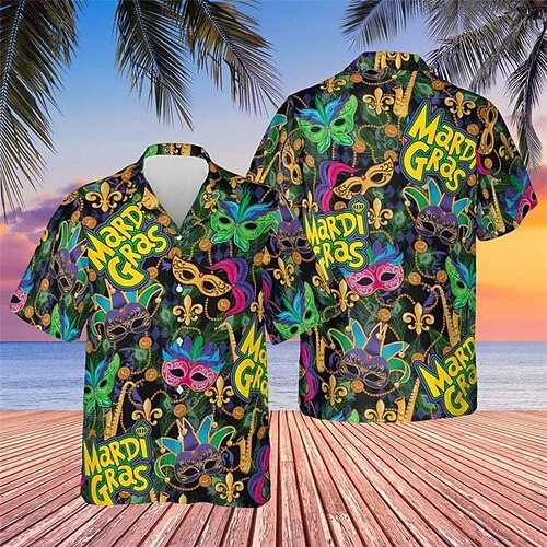 

Men's Shirt Summer Hawaiian Shirt Letter Graphic Prints Mask Turndown Green Casual Holiday Short Sleeve Button-Down Print Clothing Apparel Tropical Fashion Hawaiian Soft