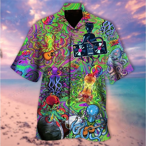 

Homme Chemise Chemise hawaïenne Imprimés Photos Musique Hippie Pieuvre Instrument de musique Col rabattu Vert Casual Vacances Manche Courte Bouton bas Imprimer Vêtement Tenue Tropique Mode Hawaïen