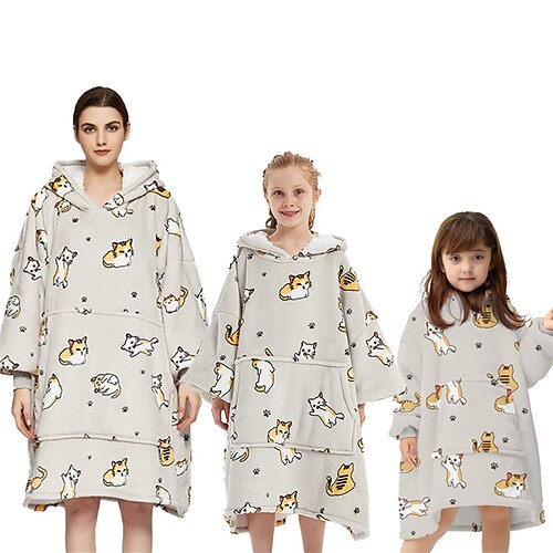 

Cross-border New Comfortable Warm Raglan Sleeves Outdoor Home Clothes Plus Velvet Long-sleeved Light Gray Kitten Printed Lazy Blanket