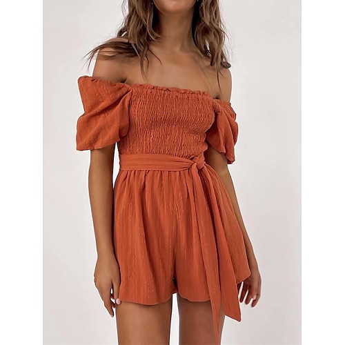 

Women's Romper Lace up High Waist Solid Color Off Shoulder Casual Daily Vacation Regular Fit Short Sleeve Orange S M L Spring