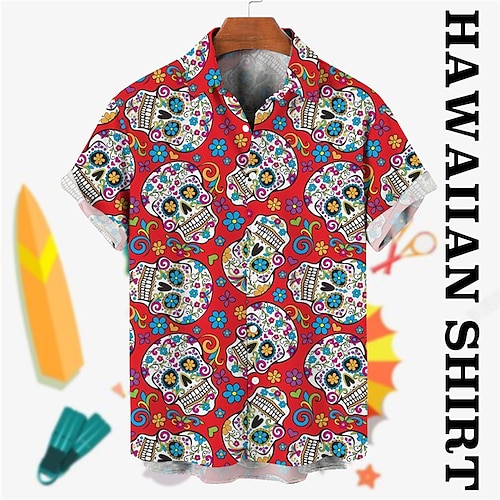 

Men's Shirt Summer Hawaiian Shirt Floral Skull Graphic Prints Turndown Black Red Street Casual Short Sleeves Button-Down Print Clothing Apparel Tropical Fashion Hawaiian Designer