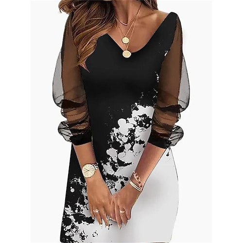 

Dame Afslappet påklædning Print kjole Løs kjole Grafisk Net Trykt mønster V-hals Pufærmer Mini kjole Årgang Klassisk Hjem Daglig 3/4-ærmer Løstsiddende Sort Blå Sommer Forår S M L XL 4XL