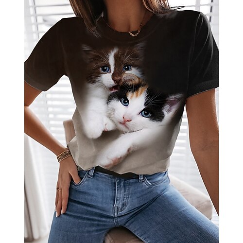 

Dame T skjorte Svart Katt 3D Trykt mønster Kortermet Daglig Helg Grunnleggende Rund hals Normal 3D Cat Maling S