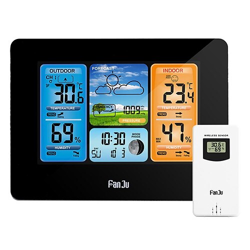 FanJu Wireless Digital Thermometer Hygrometer Barometer Weather Station  Frost Alarm Clock Forecast Daily Electronic Wall Watch 2024 - $34.99