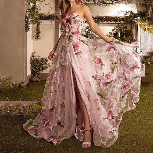 

Linea-A Abiti da ballo Florale Vestito Invitati del matrimonio Strascico di corte Senza maniche Senza bretelline Organza con Fessura Con applique 2023