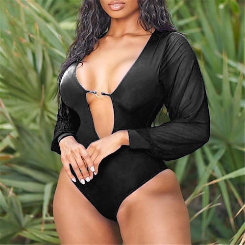 

Women's Swimwear One Piece Normal Swimsuit Deep V Solid Color Black Burgundy Bodysuit Bathing Suits Sports Summer