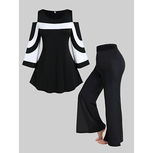 

Women's Tops Set Color Block Patchwork Long Sleeve Crew Neck Fashion Modern Vacation Going out Polyester Winter Fall Black