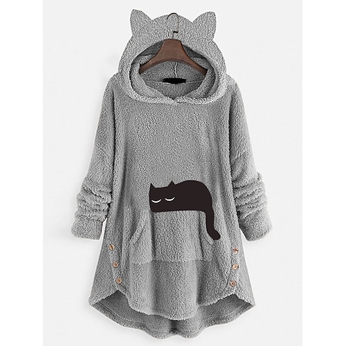 

Inspired by Animal Cat Sweatshirt Cat Ear Fleece Hoodie Anime Pront Pocket Teddy Plain Button Hoodie For Women's Adults' Hot Stamping Flannel Casual Daily