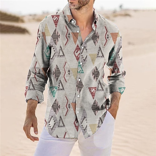 

Men's Shirt Tribal Graphic Prints Geometry Turndown Yellow Gray Outdoor Street Long Sleeve Button-Down Print Clothing Apparel Vintage Fashion Streetwear Designer