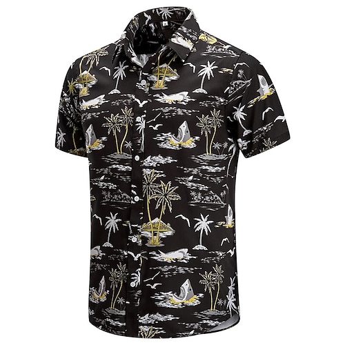 

Men's Shirt Summer Hawaiian Shirt Floral Coconut Tree Graphic Prints Ocean Turndown Blue-Green Black Blue Green Dark Blue Street Casual Short Sleeves Button-Down Print Clothing Apparel Tropical