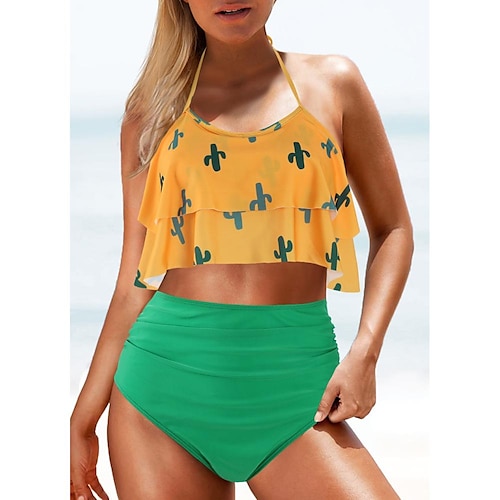 

Women's Swimwear Tankini 2 Piece Normal Swimsuit 2 Piece Leaves Black White Yellow Tank Top Bathing Suits Sports Summer