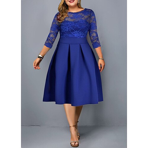 

kvinner plus size festkjole ensfarget rund hals blonder 3/4 lengde erme vår høst elegant ballkjole moden knelang kjole formell festkjole