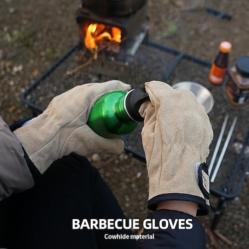 

Camping Gloves Cowhide Leather Gloves Heat/Fire Resistant Mittens Outdoor Warm Gloves for BBQ Oven Fireplace